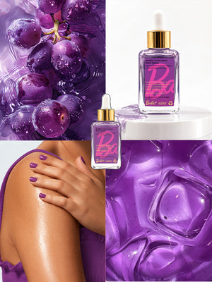 ADAY x Barbie Glow Beam Body Serum with purple grapes, ice and shimmering skin