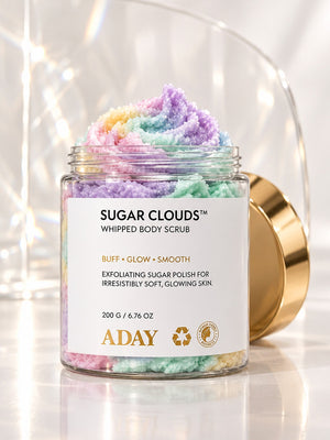Scrub Trio: ADAY Sugar Clouds Whipped Body Scrub, open to show its pastel rainbow swirl