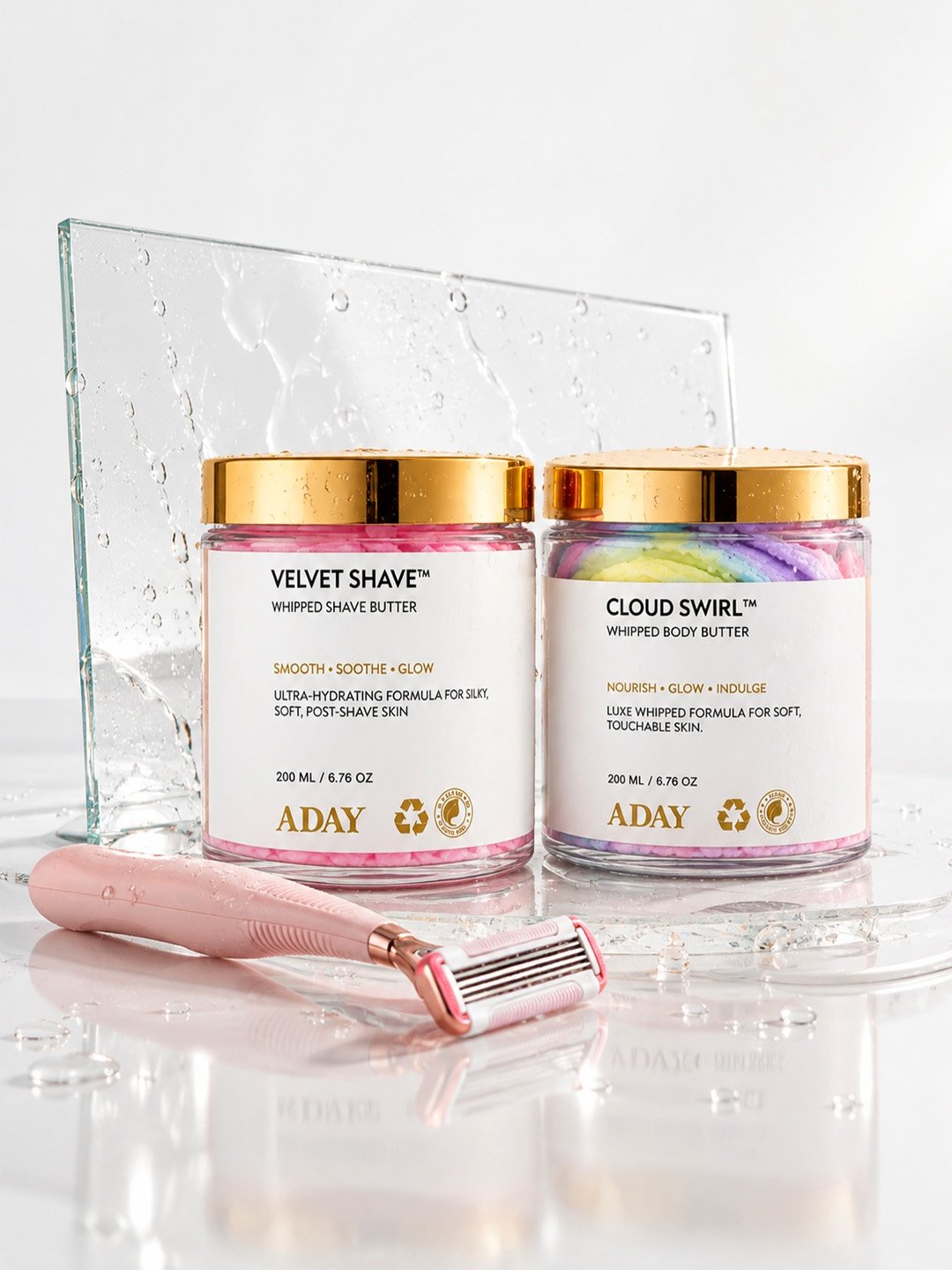 ADAY Velvet Shave Whipped Shave Butter and Cloud Swirl Whipped Body Butter side by side