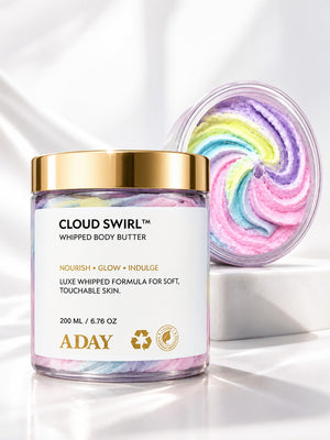 Closed jar of ADAY Cloud Swirl Whipped Body Butter with a swirl of the butter behind it