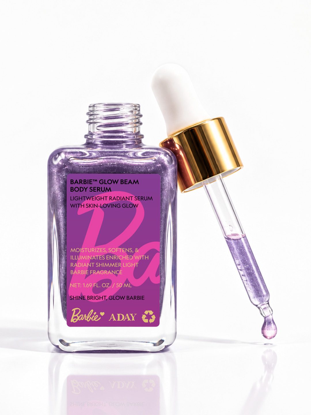 ADAY x Barbie Glow Beam Body Serum, a lilac bottle with a gold-capped dropper